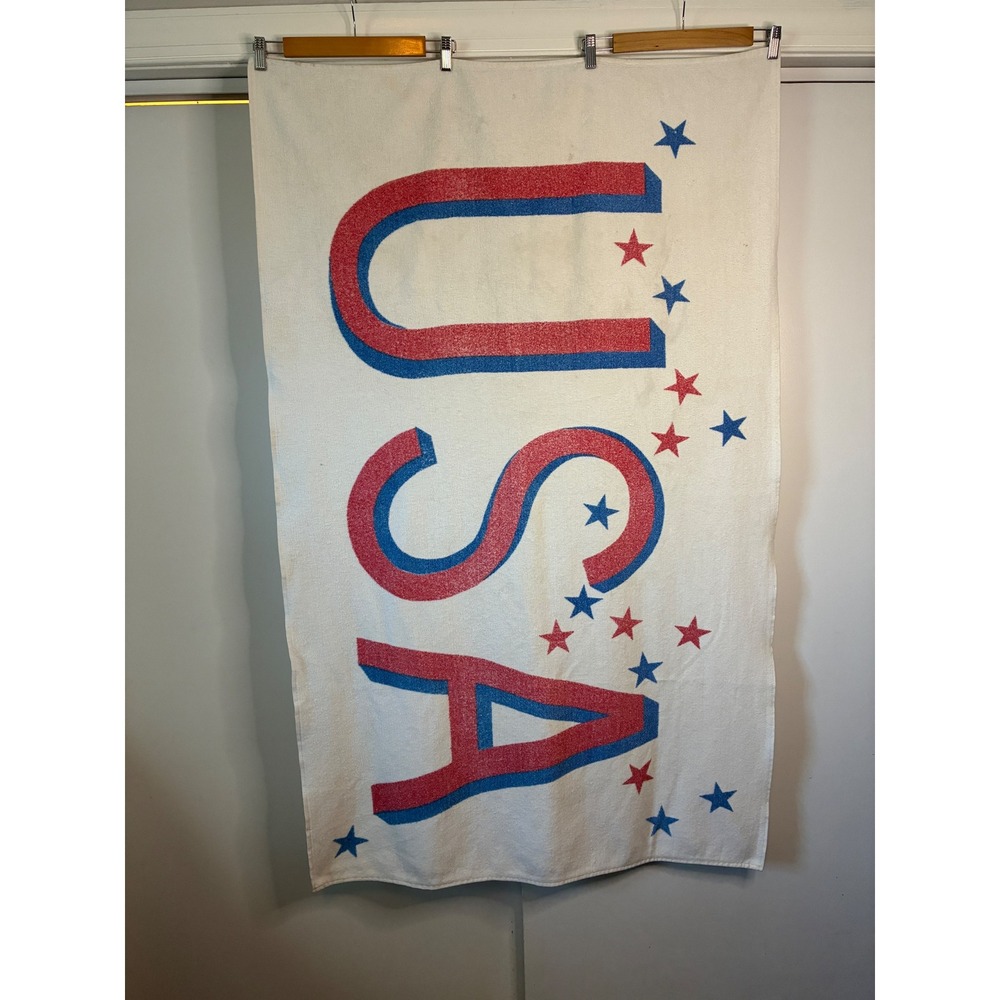 Vintage 80s 90s USA Beach Towel Retro Red White Blue Patriotic Stars Terry Cloth